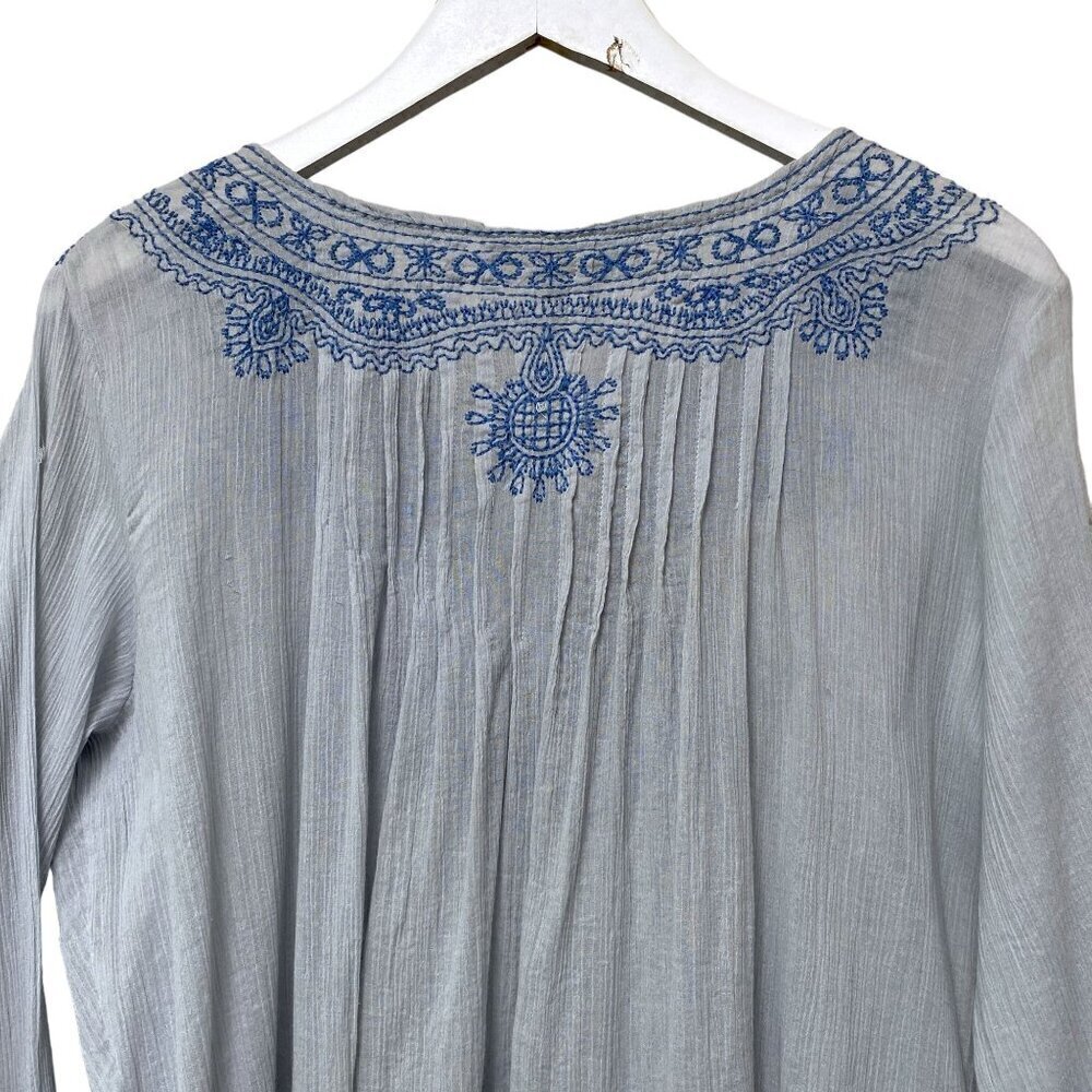 CONTEXT Boho Top Size Small Blue Embroidered Cotton Crinkle Gauze - Picture 7 of 11